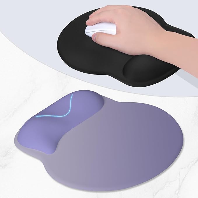 ITNRSIIET Ergonomic Mouse Pad with Wider Memory Foam Wrist Rest +17%, Curved Cushion Reduces Pressure 20%, Pain Relief, Non-Slip, Smooth, Cute Color Desk Accessory, 9.85 x 9 inch, Purple Gradient