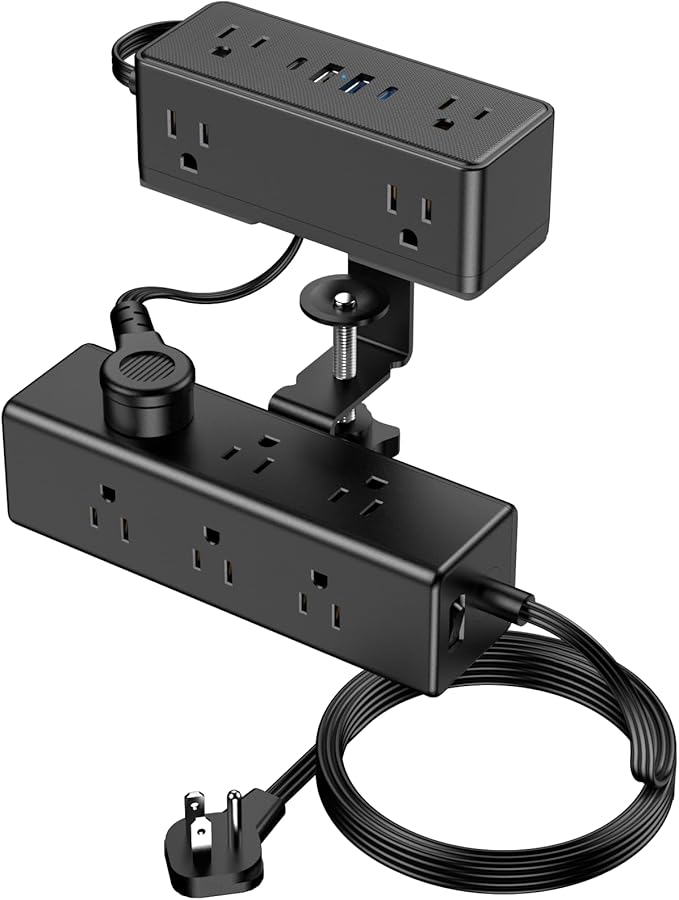 Dual Layer Desk Clamp Power Strip, Desktop Edge Mount Surge Protector with 4 USB Ports(2 USB-C) & 15 AC Outlets, Ultra Thin Flat Plug & 5FT Power Cord for Office Home(ETL Listed)