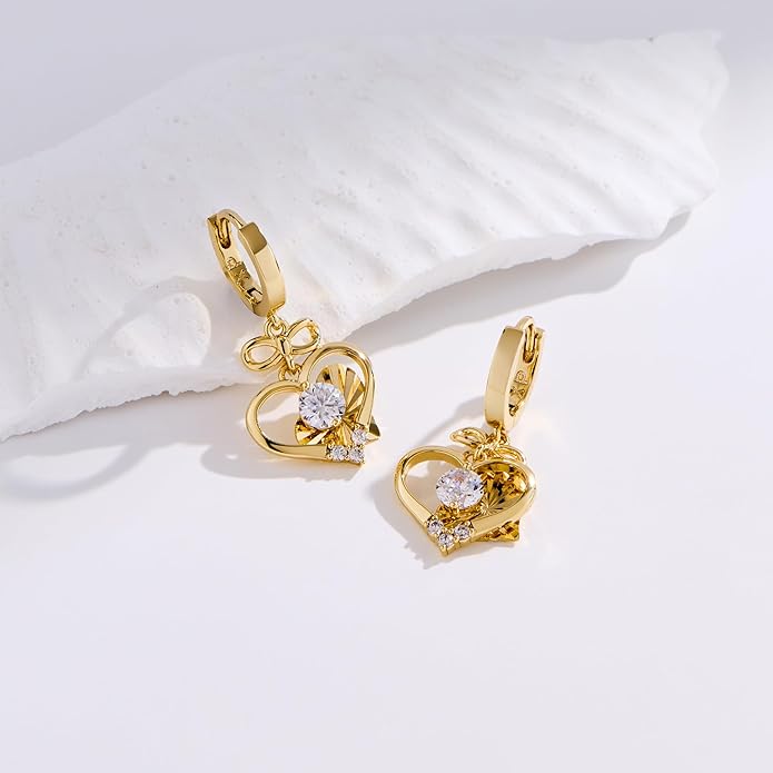 14K Gold Hoop Earrings for Women, 8mm Inner Diameter Huggie Hoops with Heart & Bow CZ Drop, Cubic Zirconia Elegant Dangle Earring, Hypoallergenic Dainty Jewelry, Aretes De Oro Para Mujer 14k