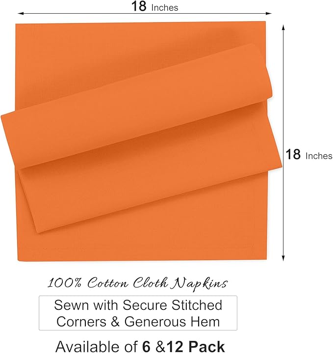 Ruvanti Premium Cloth Napkins Set of 6, 18x18 Inches, 100% Cotton, Washable, Soft & Absorbent, Perfect for Wedding, Christmas, ‎Thanksgiving Dinners - Orange Peel