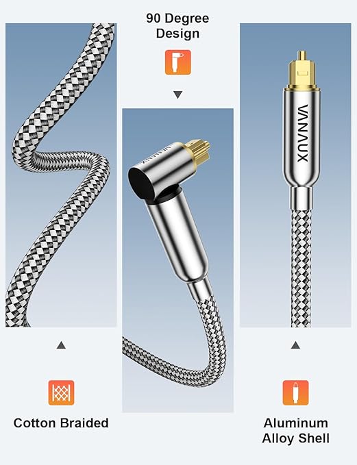 VANAUX 90-Degree Optical Audio Cable 15FT,Premium Fiber Optic Toslink Cable(24K Gold-Plated Connectors,Aluminum Alloy Shell,Braided Jacket)Ideal for Tight Spaces,Home Theater,Soundbars,Gaming Consoles