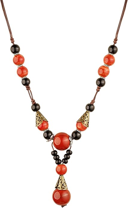MINACHI Vintage Bohemian Ethnic Colorful Ceramic Bead Long Y Necklace, Hippie Boho Summer Fashion Jewelry Gift for Women