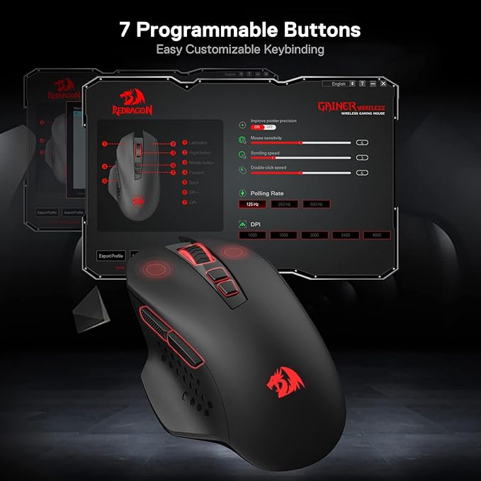 Redragon M656 Gainer Wireless Gaming Mouse, 4000 DPI 2.4Ghz Wireless Mouse w/ 5 DPI Levels, 7 Macro Buttons, Red LED Backlit & Pro Software/Drive Supported, for PC/Mac/Laptop