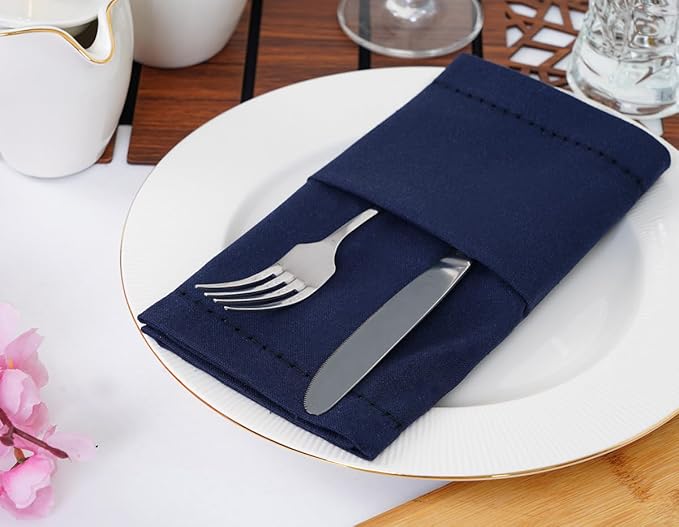 Blue Needles Navy Blue Hemstitch Linen Napkins Set of 12-100% Cotton Cloth Dinner Napkins 18x18 inches, Soft, Reusable, Absorbent, Washable Ideal for Fall Thanksgiving Events, Parties & Everyday Use