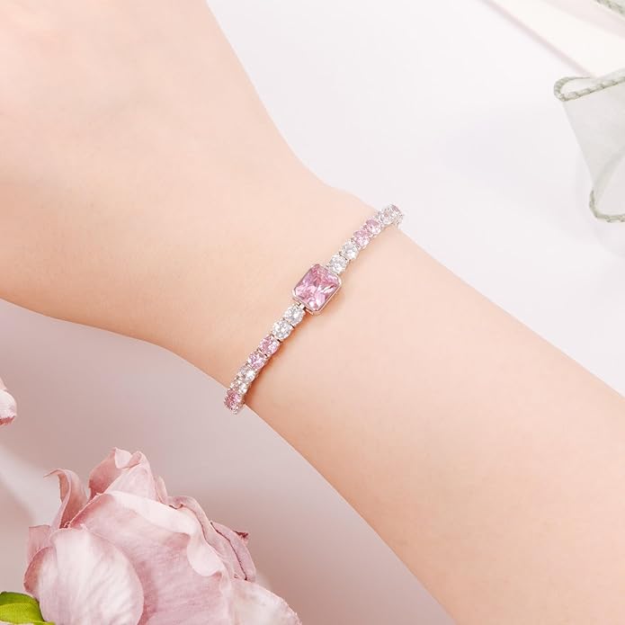 Birthstone Bracelets for Women Birthday Gifts 4CT Radiant Cut Birthstone 4mm Sterling Silver White Gold Tennis Bracelets for Women Round Cut 5A Cubic Zirconia Bezel Setting 7 Inch