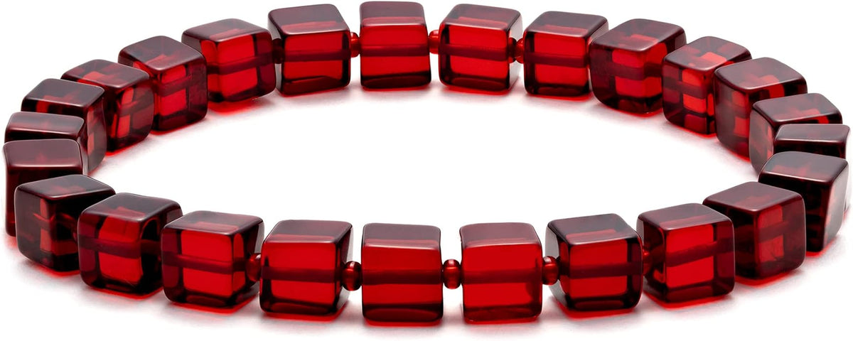 Natural Red Baltic Amber Bracelet for Women and Men – Stretch Wristband with Polished Cube Beads, Lightweight Unisex Jewelry Gift for Daily and Casual Wear (Red)