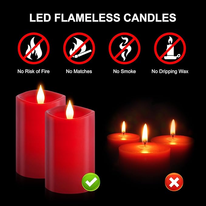 2PCS, 3 x 5 inches Flameless Candle with Remote Control, 3D Flickering Wick, Real Wax Pillar LED Candles, Battery Operated Candles,with Timer,for Holiday Home Decor, Red
