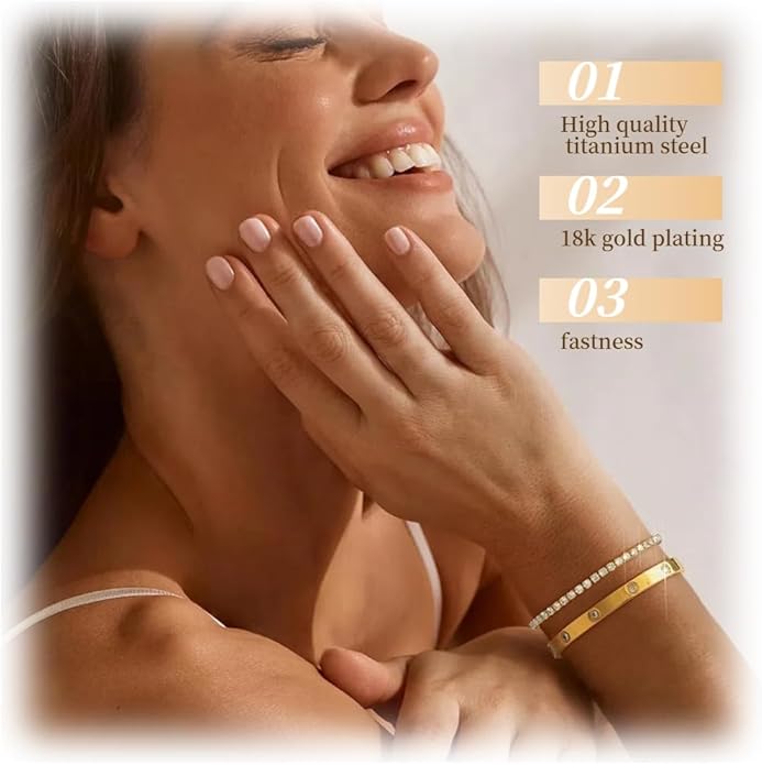 NEKVFO 18K Gold Plated Love Bracelet Set, Zircon Adjustable Bracelet Horseshoe Buckle Cable Bracelet, 3-Piece Women's Stackable Gold Bracelet Jewelry Set