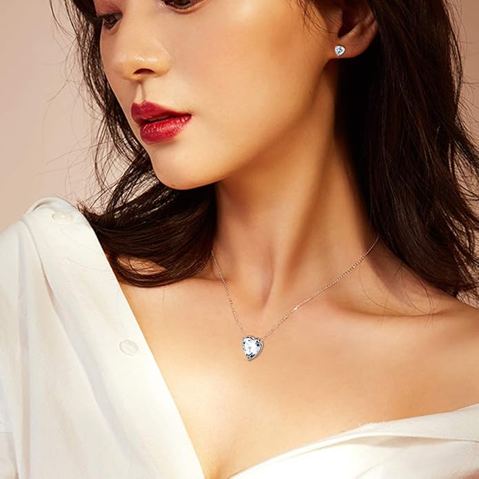Aurora Tears Hearts Necklace Earrings Jewelry Sets - Women 925 Sterling Silver Birthstone Pendants Earrings Set Crystal Wedding Birthday Jewelry