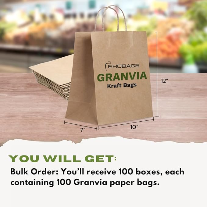10.000 PACK | EKOBAGS | Granvia 10x7x12 inches, Kraft Paper Gift Bags with Handles | 115 GSM Brown Paper Bags for Small Business, Shopping & Party Favors | Recyclable | Holds up to 13.8L/8 lbs.