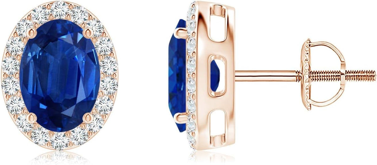 ANGARA Natural Blue Sapphire Earrings for Women | Prong-Set Oval Blue Sapphire Stud Earrings with Diamond Halo in 14K Solid Gold/Platinum | September Birthday, Anniversary, Gemstone Jewellery Gift