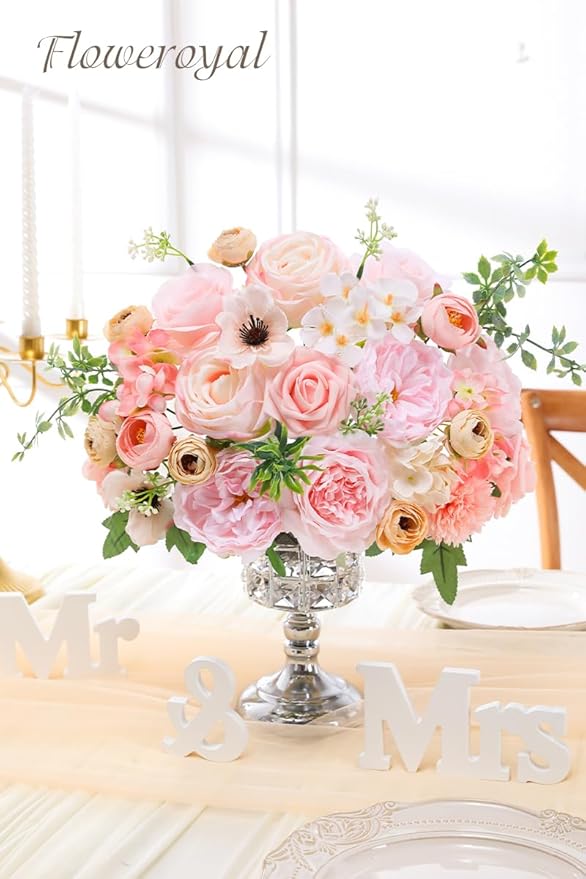 Floweroyal Artificial Flowers Combo Pink Flowers Mix Silk Flowers Roses Peonies with Stems for DIY Wedding Bridal Bouquets, Baby Shower, Floral Arrangement, Table Centerpieces, Home Decorations.