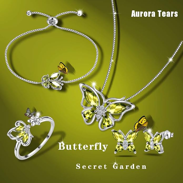 Aurora Tears Butterfly Jewelry,Women 925 Sterling Silver Butterflies Birthstone Pendant Necklace/Earrings/Rings Wedding Gift