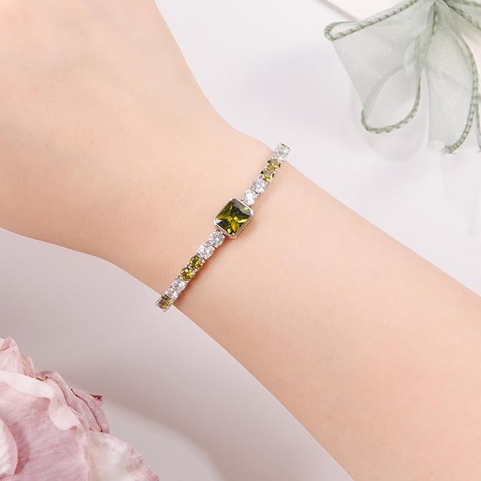 Birthstone Bracelets for Women Birthday Gifts 4CT Radiant Cut Birthstone 4mm Sterling Silver White Gold Tennis Bracelets for Women Round Cut 5A Cubic Zirconia Bezel Setting 7 Inch