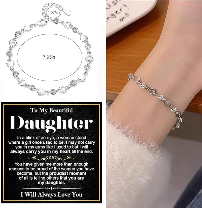 To My Daughter Bracelet, Silver Heart Chain Bracelet with Shiny Stones, Perfect Birthday or Graduation Christmas Gift for Daughter with Message Card and Gift Box