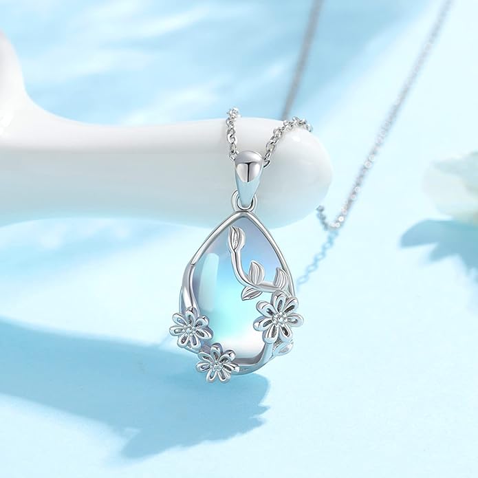 JUSTKIDSTOY Moonstone Necklace 925 Sterling Silver Teardrop Pendant Necklace Jewelry Gifts for Women Girls