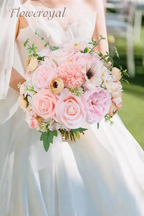 Floweroyal Artificial Flowers Combo Pink Flowers Mix Silk Flowers Roses Peonies with Stems for DIY Wedding Bridal Bouquets, Baby Shower, Floral Arrangement, Table Centerpieces, Home Decorations.
