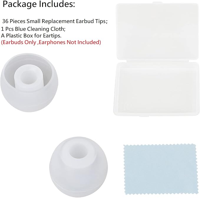 36 Pieces Small Earbud Tips Soft and Comfortable Ear Bud Replacement Pieces Silicone Fit Most in-Ear Headphones，Inner Hole 3.8mm -5.5mm，Small Clear White Replacement Eartips