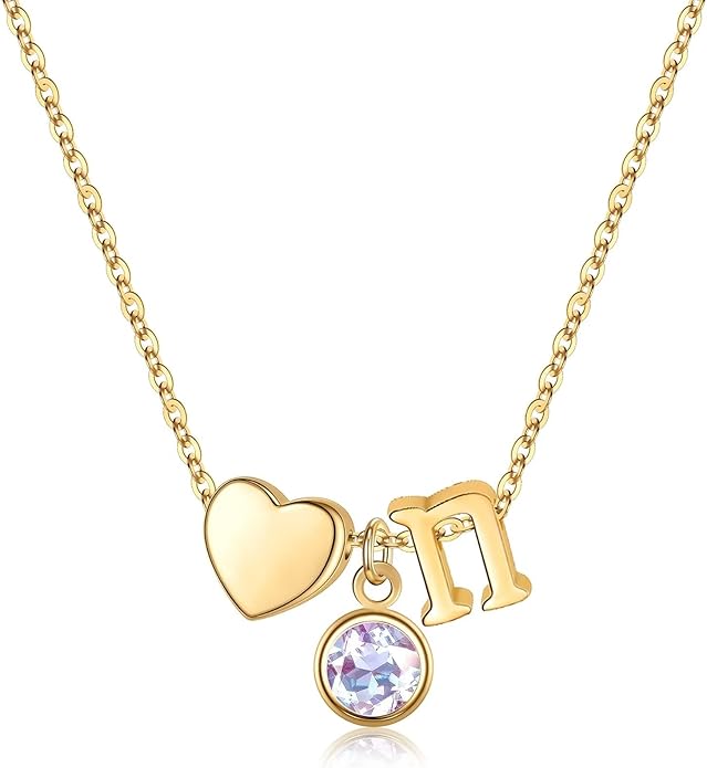 Ursilver Initial Birthstone Necklace for Women - Heart Initial Birthstone Pendant Necklace Personalized Gifts Birthday Gifts for Women