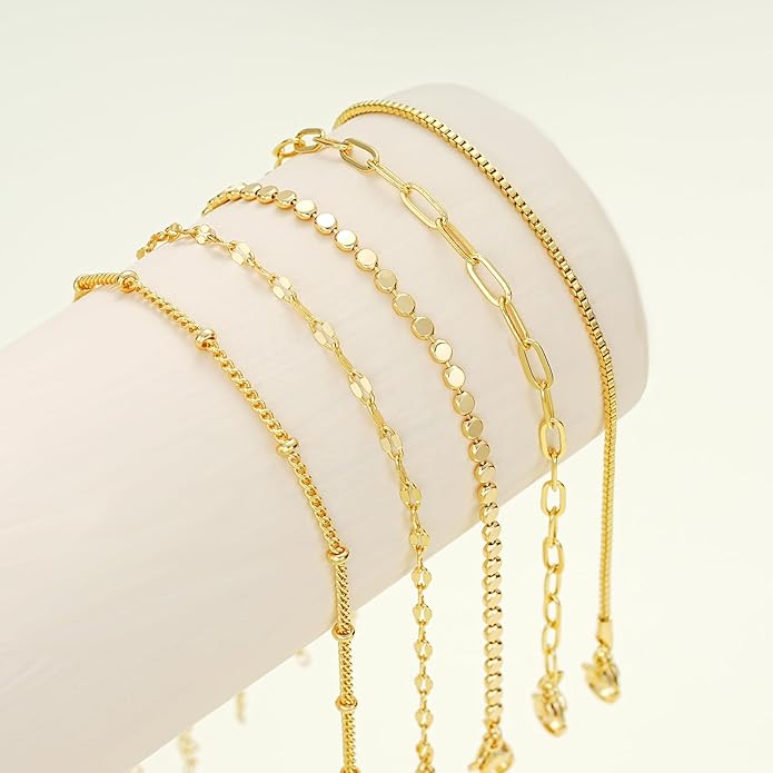 Gold Bracelets for Women, Trendy Adjustable 14K Gold Plated Stackable Link Bracelet, Dainty Thin Paperclip Chain Bracelets Stack Set