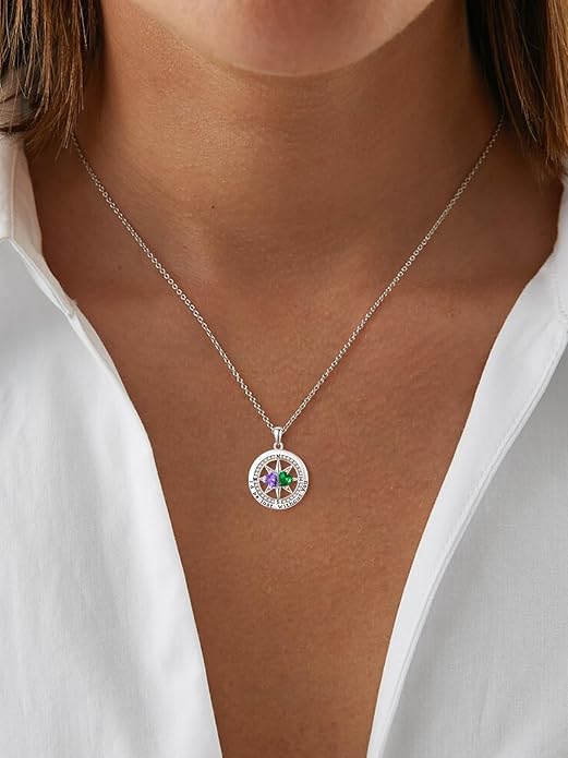Compass Necklace for Women, Exquisite S925 Valentines Day Anniversary Birthday Gifts for Wife Her Double Birthstone Pendant Jewelry ‘I'd be Lost Without You’
