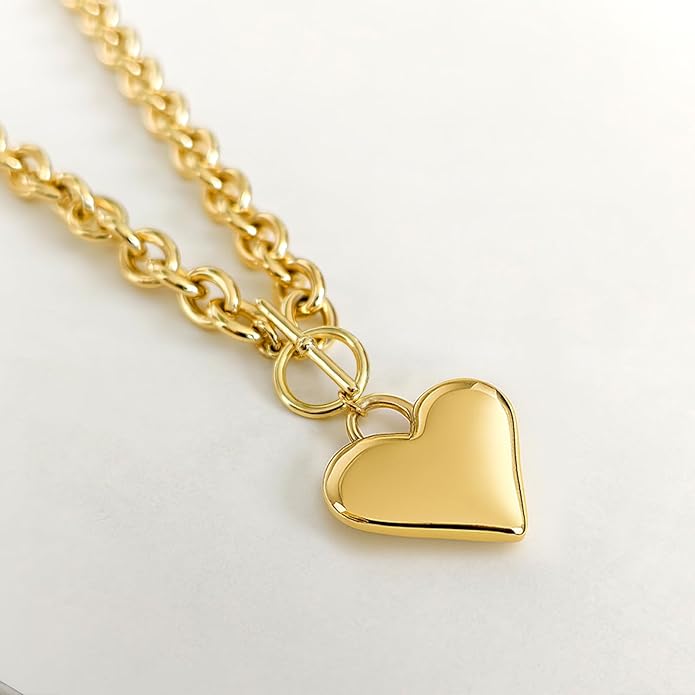 Zeffy 14K Gold/Silver Plated Chunky Thick Chain Toggle Clasp Necklace Dainty Baroque Pearl/Heart/Cross/Turquoise Pendant Necklace