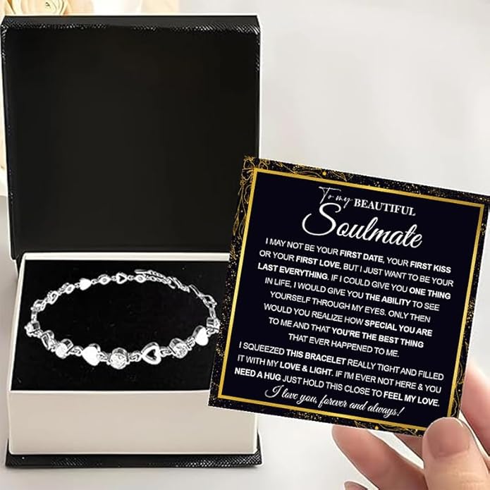 To My Soulmate Bracelet for Women, Heart Chain Bracelet with Shiny Stones, Perfect Birthday or Anniversary Christmas Gift for Soulmate with Message Card and Gift Box