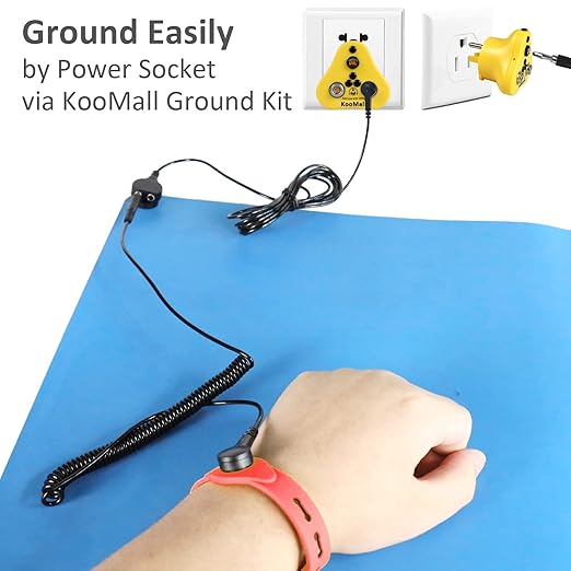 KooMall 48 x 24 Inch ESD Rubber Mat Kits, Anti Static Table Floor Pad for Electronic Device Repair Solder Assembly PC Building, W/H Grounding Kit- Antistatic Wrist Straps Bracelets Cord Plugs, Blue