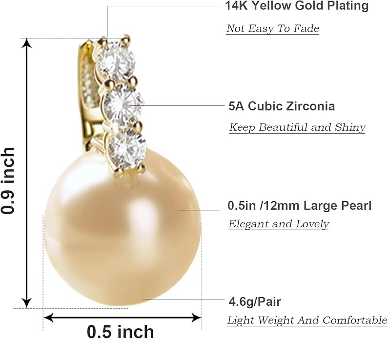Pearl Earrings for Women 14K Gold Plated Hypoallergenic Pearl Earrings 5A Cubic Zirconia Dangle Earrings Elegant Jewelry