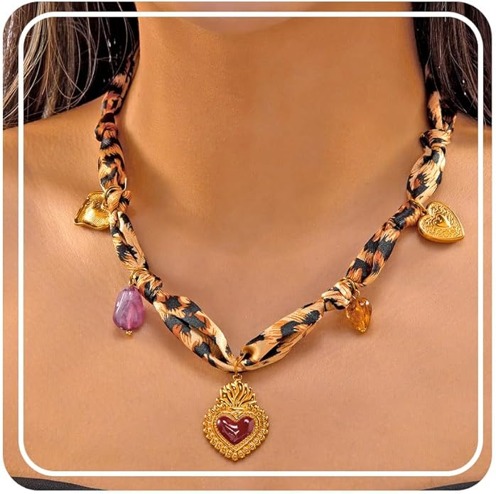 RINHOO FRIENDSHIP Silk Scarf Necklace for Women - Adjustable Boho Vintage Bandana Choker with 18K Non-Tarnish Gold Charms (Assorted Pendants & Patterns) Layered Jewelry Gift Box
