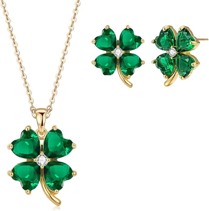 VONSSY Four Leaf Clover Necklace Earrings Shamrock Irish ST Patricks Jewelry Set Gift 18k Gold Plated Green Emerald Zircon Diamond Crystal Lucky Saint Pendant for Woman Wife Girlfriend Mom