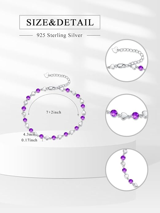 Birthstone Charm Link Bracelet 925 Sterling Silver Rose/Heart/Mom Bracelet with 12 Months Birthstone Mother's Day Gift Jewelry Gifts for Women,Chain Length 7"+2" Extend