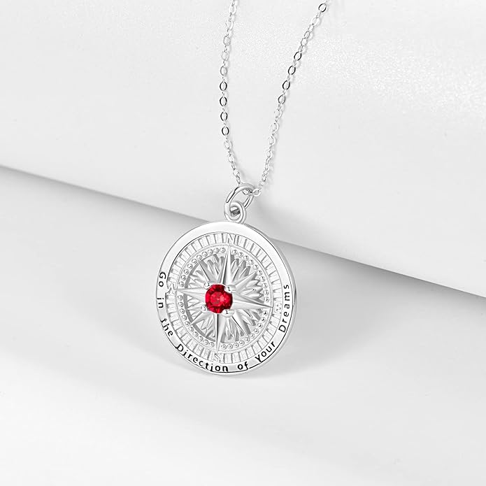 KINGWHYTE Graduation Gifts Birthstone Necklace for Women 925 Sterling Silver Compass Pendant Go in the Direction of your Dream Travel Jewelry Birthday Gift for Her