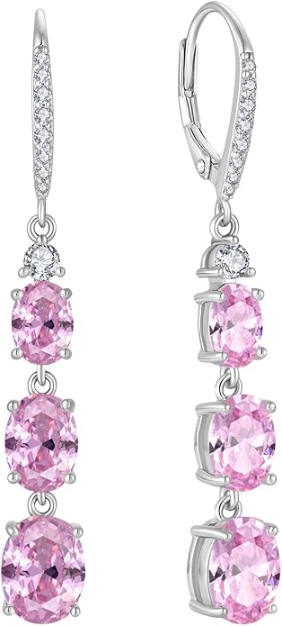 Women 925 Sterling Silver Birthstone 3-stone Leverback Drop Dangle Earrings 5A Cubic Zirconia Jewelry for Her