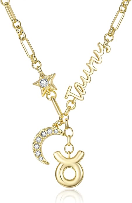 14K Gold/Rose Gold Zodiac Necklace for Women - Horoscope Constellation Pendant with Moon and Star, Luxury Birthday Gifts Jewelry for Her (12 Zodiac Signs)