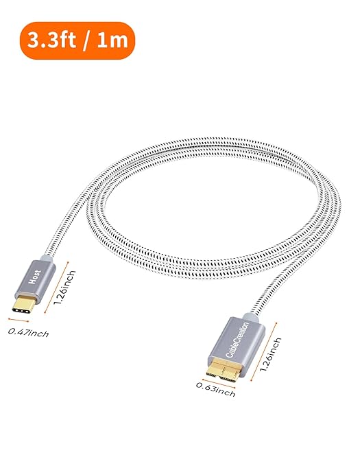 CableCreation 3.3FT USB C to Micro B Cable,10Gbps Speed External Hard Drive Braided,USB 3.1 Type C to Micro B Work for iPhone 15 Series,Seagate WD Westgate My Passport,MacBook Pro,iPad/Tablet,Grey