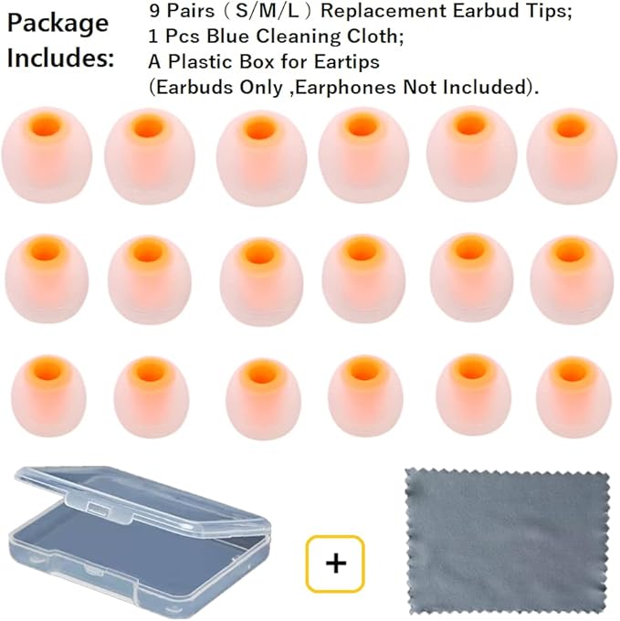 Earbuds Replacement Tips Silicone Earbud Tips Ear Gels Fit for Inner Hole from 3.8mm - 5.1mm Earphones 9 Pairs S/M/L Clear Orange