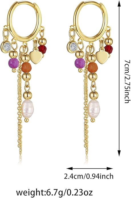 Boho Tassel Hoop Earrings for Women 14K Gold Pearl Earrings Dainty Colorful Bead Pendant Earrings Ethnic Style Statement Jewelry for Vacation Festival Party