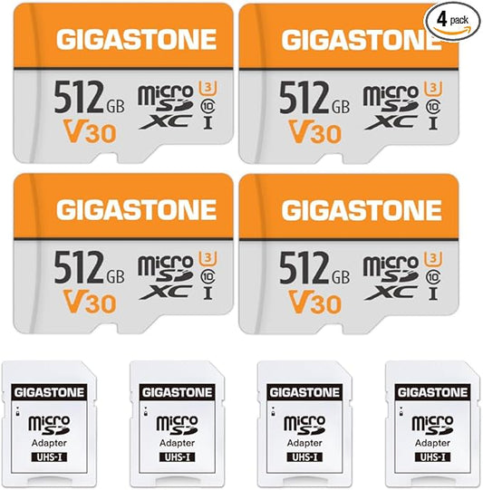 GIGASTONE 512GB Micro SD Card 4-Pack, A1 V30 4K Video Recording, Surveillance, Security Camera, Action Camera, Drone, 100MB/s MicroSDXC Memory Card UHS-I Class 10