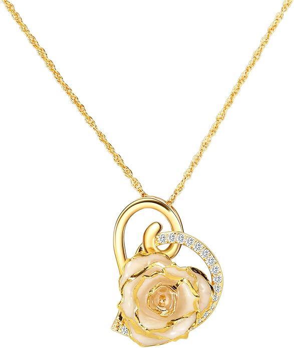 AliveRose Real Rose Gold Dipped Necklace Gifts for Women, 24K Gold Dipped Rose Pendant Necklace Jewelry Mothers Day Anniversaries Birthday Christmas Special Occasions Gifts for Her Mom Wife