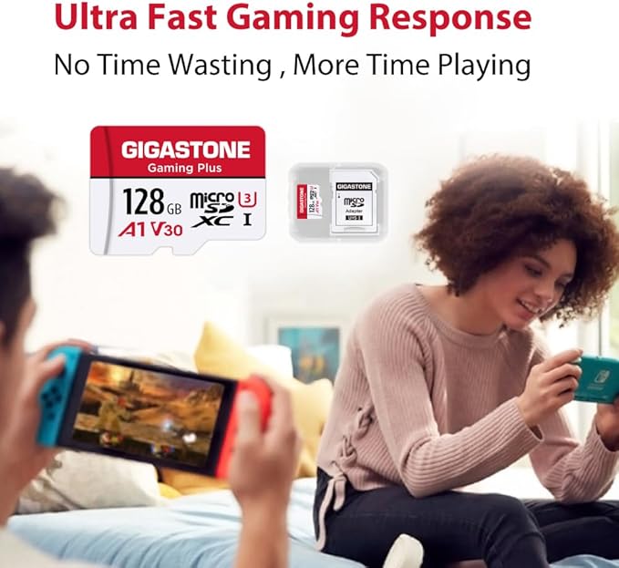 [Gigastone] 128GB Micro SD Card, Gaming Plus, MicroSDXC Memory Card for Nintendo-Switch 1, Wyze, GoPro, Dash Cam, Security Camera, 4K Video Recording, UHS-I A1 U3 V30 C10, up to 100MB/s, with Adapter