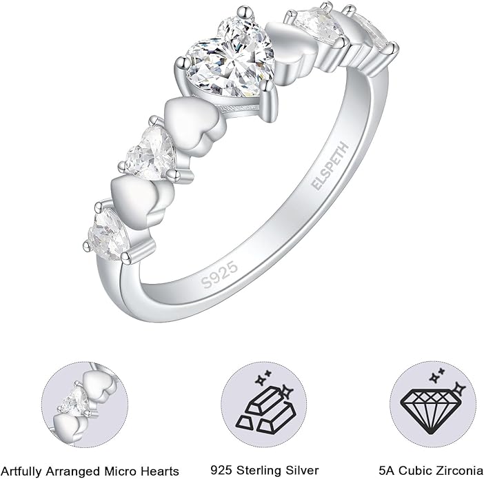 Elspeth 925 Sterling Silver Heart Engagement Ring for Women Heart Cut Cubic Zirconia Promise Ring Size 4-10