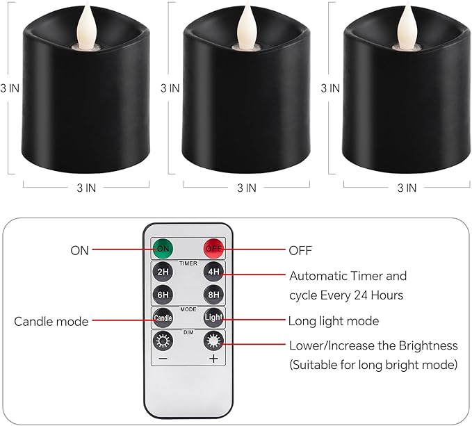 3x3 Flickering Flameless Candles Set of 3, LED Battery Candles Flickering,with Timer, 3 inch Flameless Candles with Remote,Battery Operated Candles, Holiday Home Decor for,Black