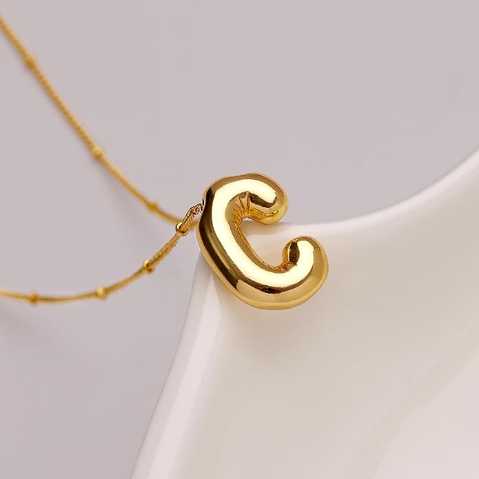 Inerney Valentines Day Gifts Gold Bubble Letter Necklace Initial Necklaces for Women, Chunky 14K Plated Balloon Initials, Trendy Charm Non Tarnish Custom Name Pendant Jewelry Gifts for Mom
