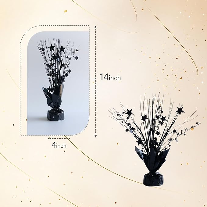 12 Pack Metallic Black Color Foil Star Brust Table Centerpices for Halloween, Holiday Party Decor Metallic Star Spray Balloon Weights for Halloween Party, Table Decor for Party