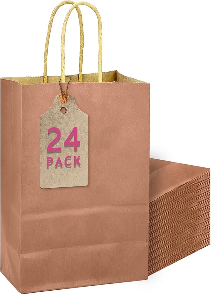 qiqee Apricot Gift Bag with Handles Bulk 24Pcs Paper Bags -10.6"x8.3"x4.3"Party Favor Bags - Solid Color