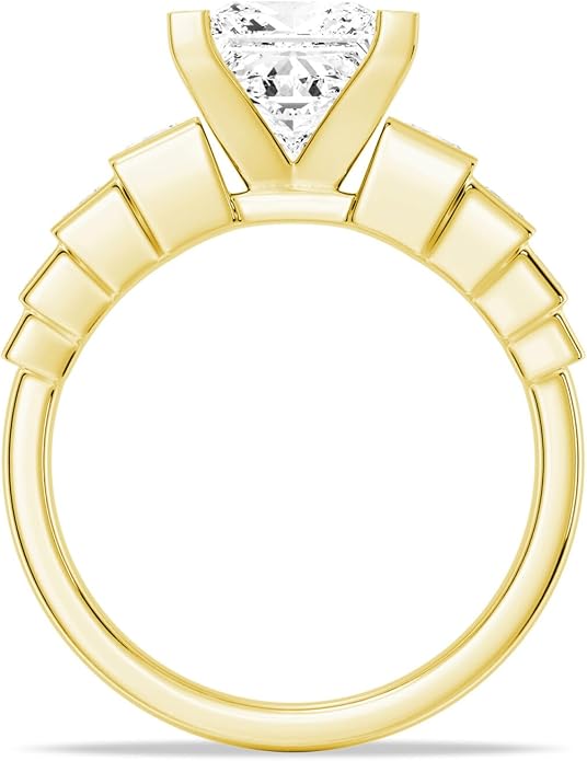 MSBLUE Moissanite Engagement Ring, Staircase Princess Cut, 14K Gold Vermeil, Wedding Promise Ring, Valentines Day Gifts for Her