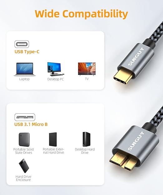 SUNGUY 10Gbps Micro B to USB C Hard Drive Cable 0.5FT, USB 3.1 USB C to Micro B, High-Speed External Hard Drive USB C Cable for iPhone 16/15 Series, MacBook Pro/Air, iPad, WD Toshiba Westgate Seagate