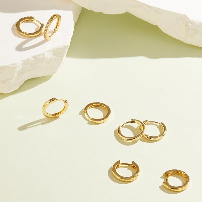 Small Gold Huggie Hoop Earrings Set for Women Men Hypoallergenic 14K Plated Stack Cartilage Earrings, Multiple Piercing Lightweight Mini Thin Cute Dainty Trendy Jewelry Set Christmas Gifts for Women