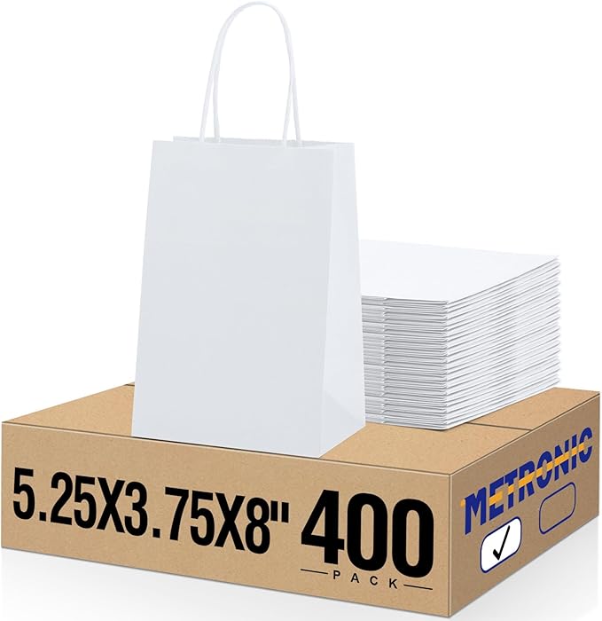 METRONIC Gift Bags 5.25x3.75x8 400Pcs, White Paper Bags with Handles, Kraft Paper Bag for Small Business, Paper Bag for Birthday Party Favors, Shopping